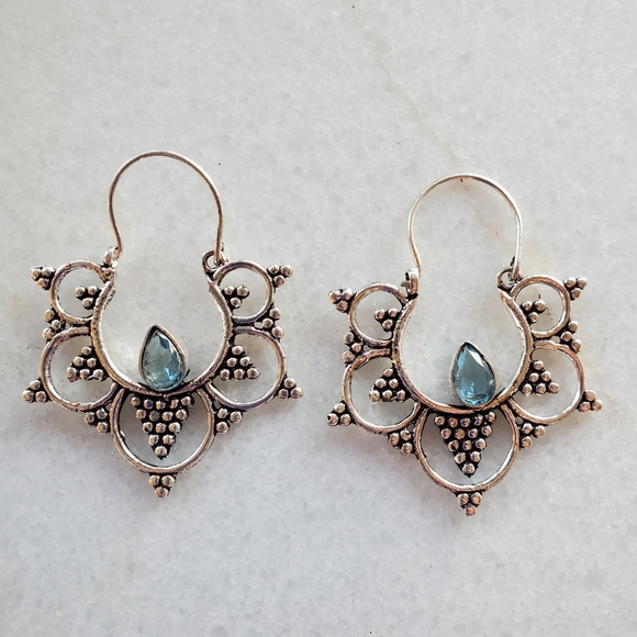 New Round Boho Gypsy Style Blue Quartz Silver Earrings. - Picture 2 of 10